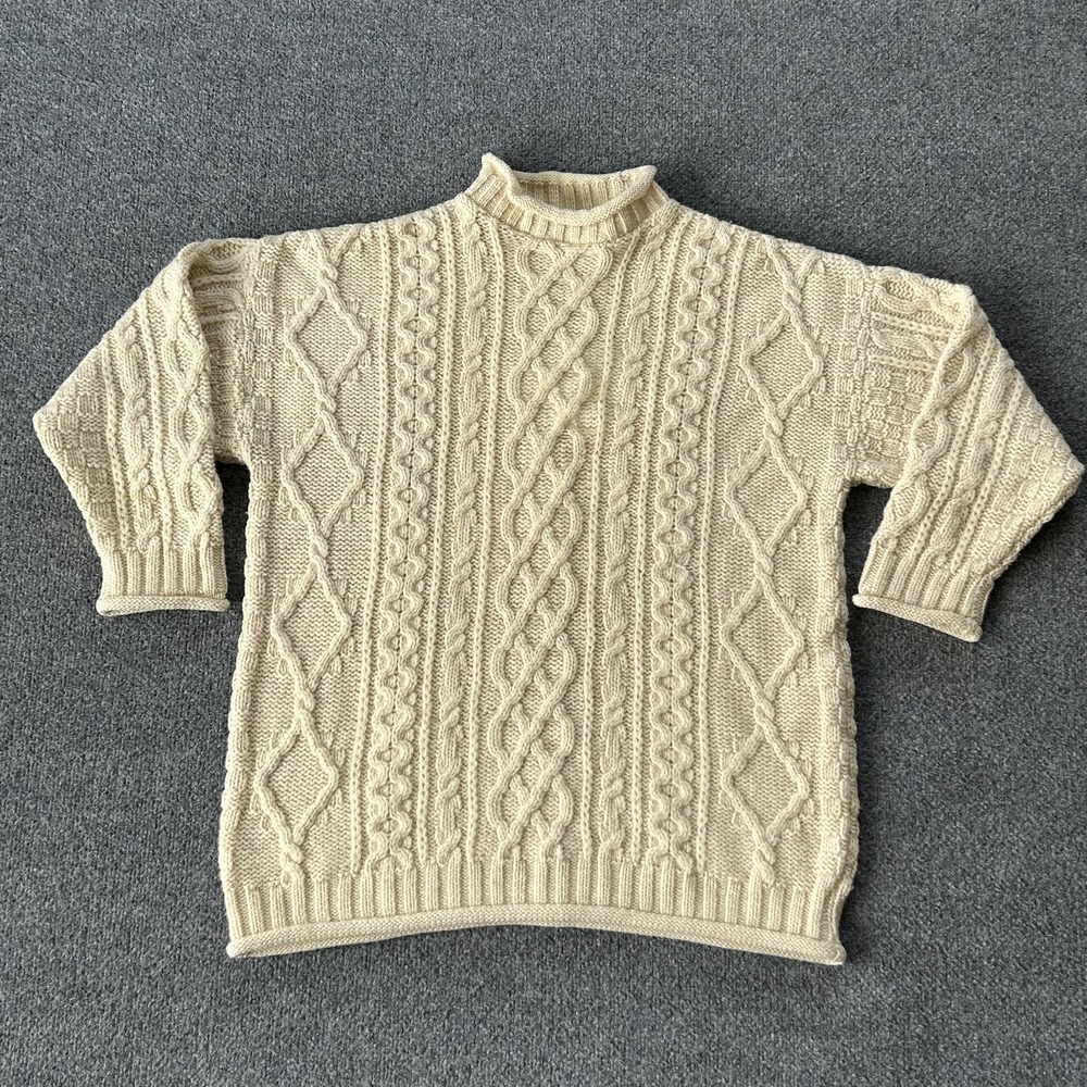 Inis Crafts Sweater‎ Mens Small Cream Wool Aran Cable Knit Ireland Fisherman VTG